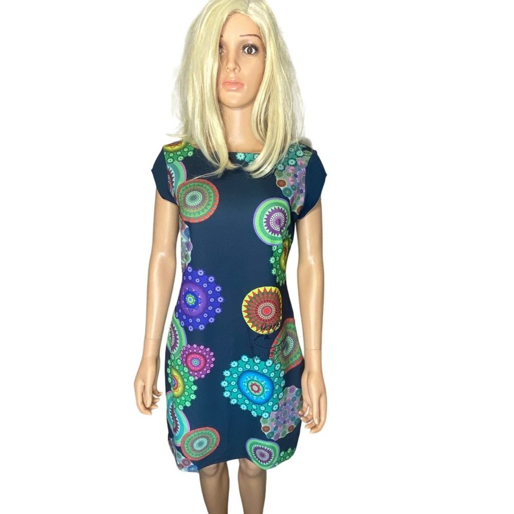 Desigual Sheath Dress L Cap Sleeve Scoop Back Stretch Knit Lined Navy Swirls HTF
